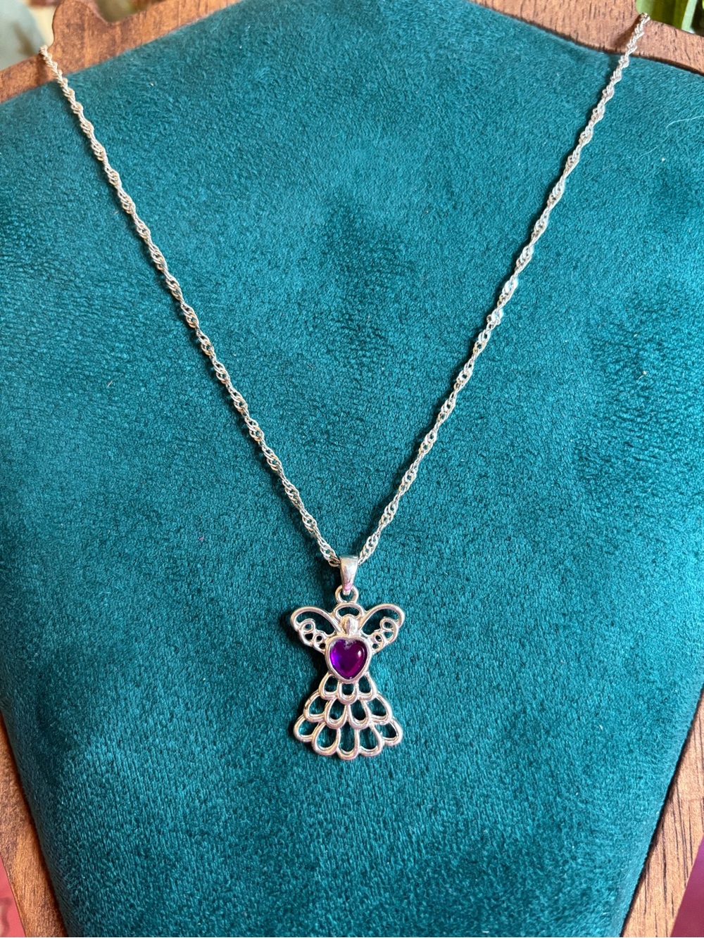 Vintage Avon Silver Angel Pendant Necklace with Purple Stone - Women Jewelry
